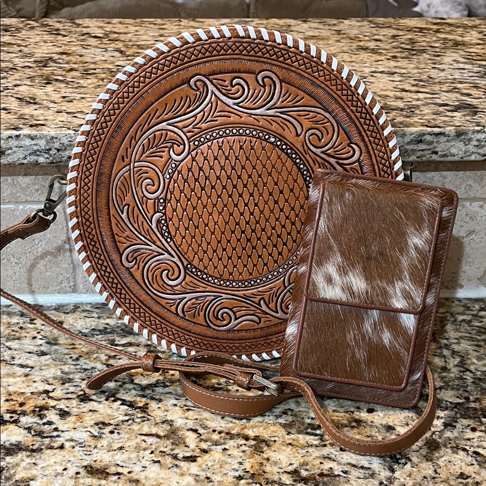 Myra Bag Brown Tooled Leather Round Crossbody with Hair-On Wallet